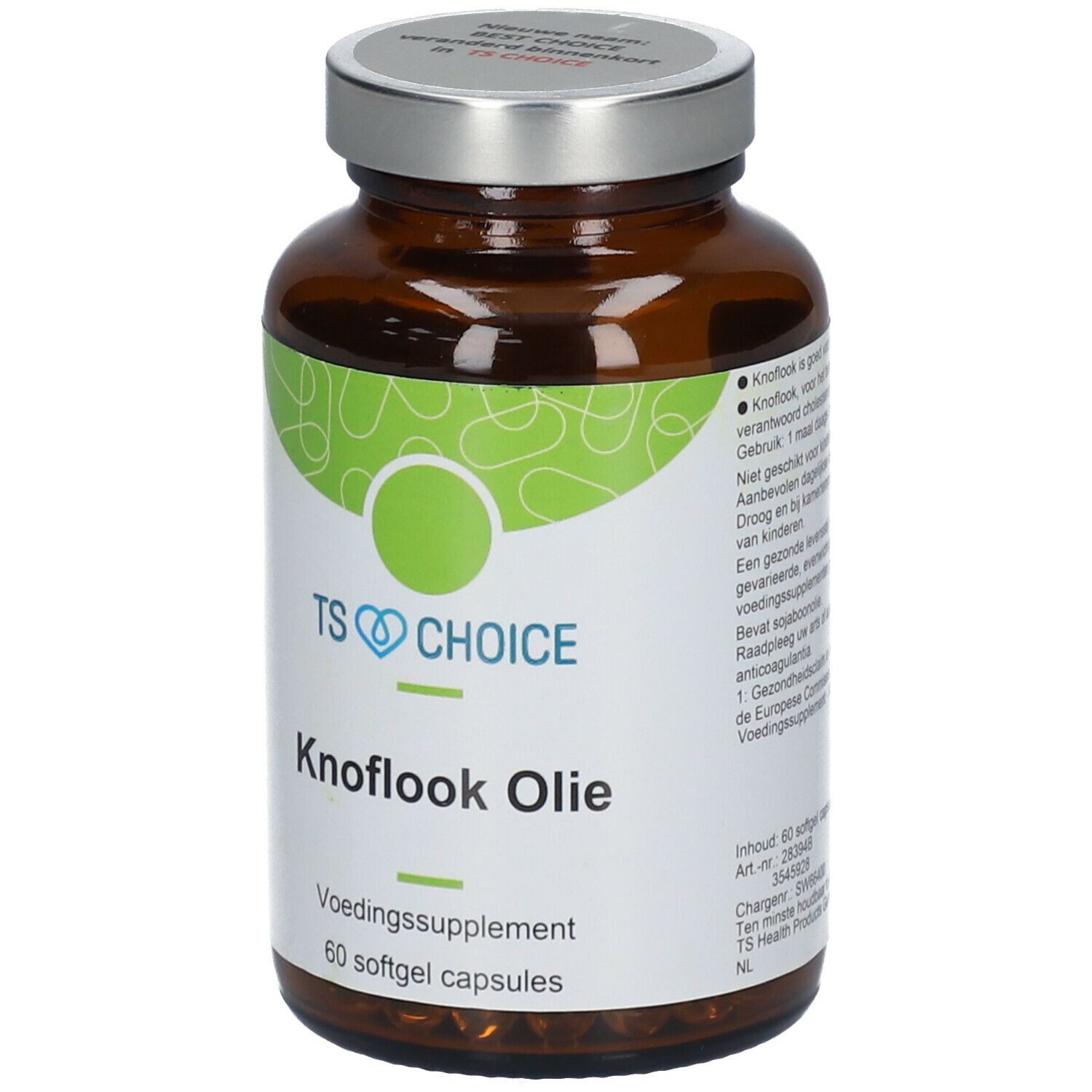 Bruine glazen fles met zilveren dop. Etiket met "TS CHOICE Knoflook Olie" en "60 softgel capsules".