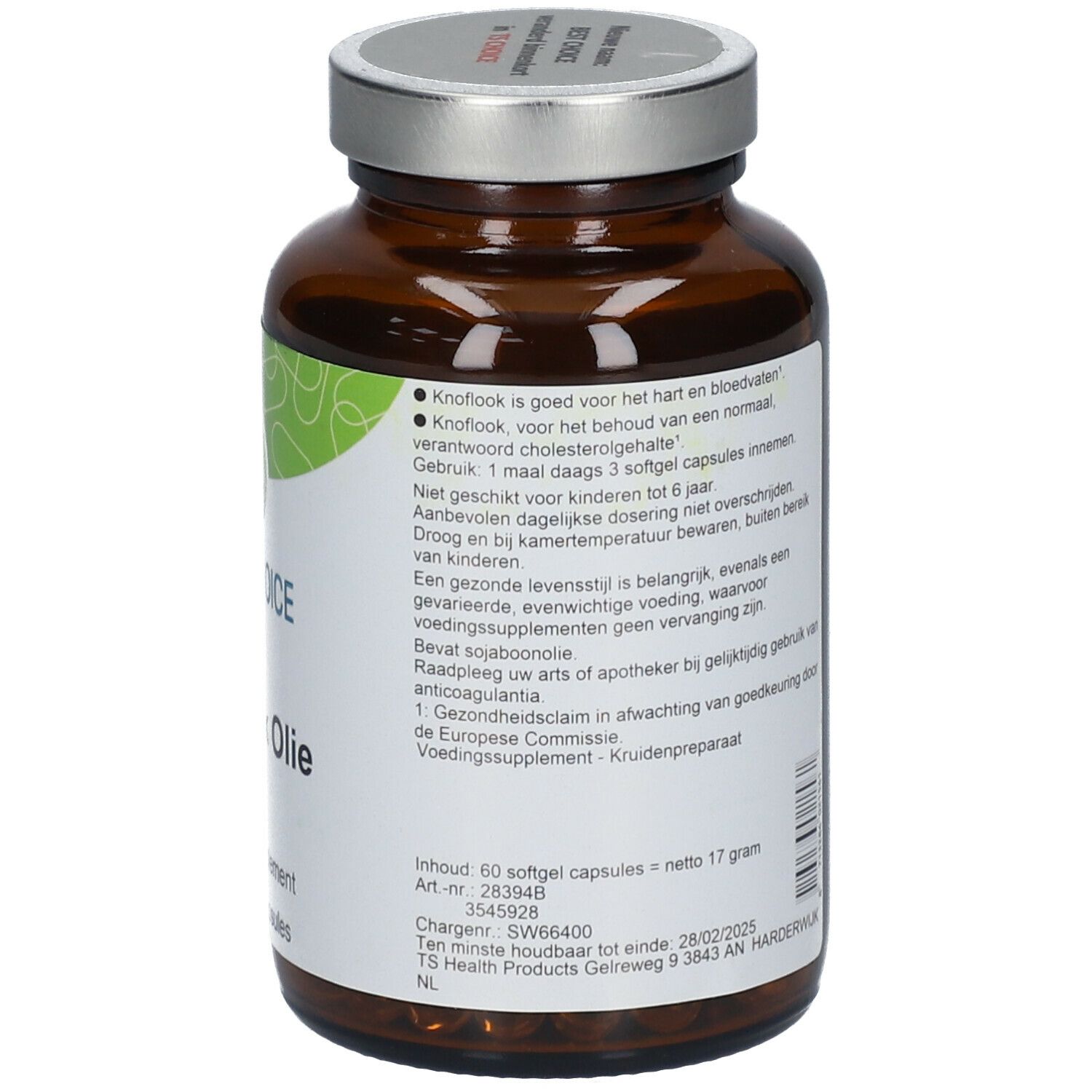Achterkant van de bruine glazen fles. Etiket met informatie over "TS CHOICE Knoflook Olie" en ingrediënten.