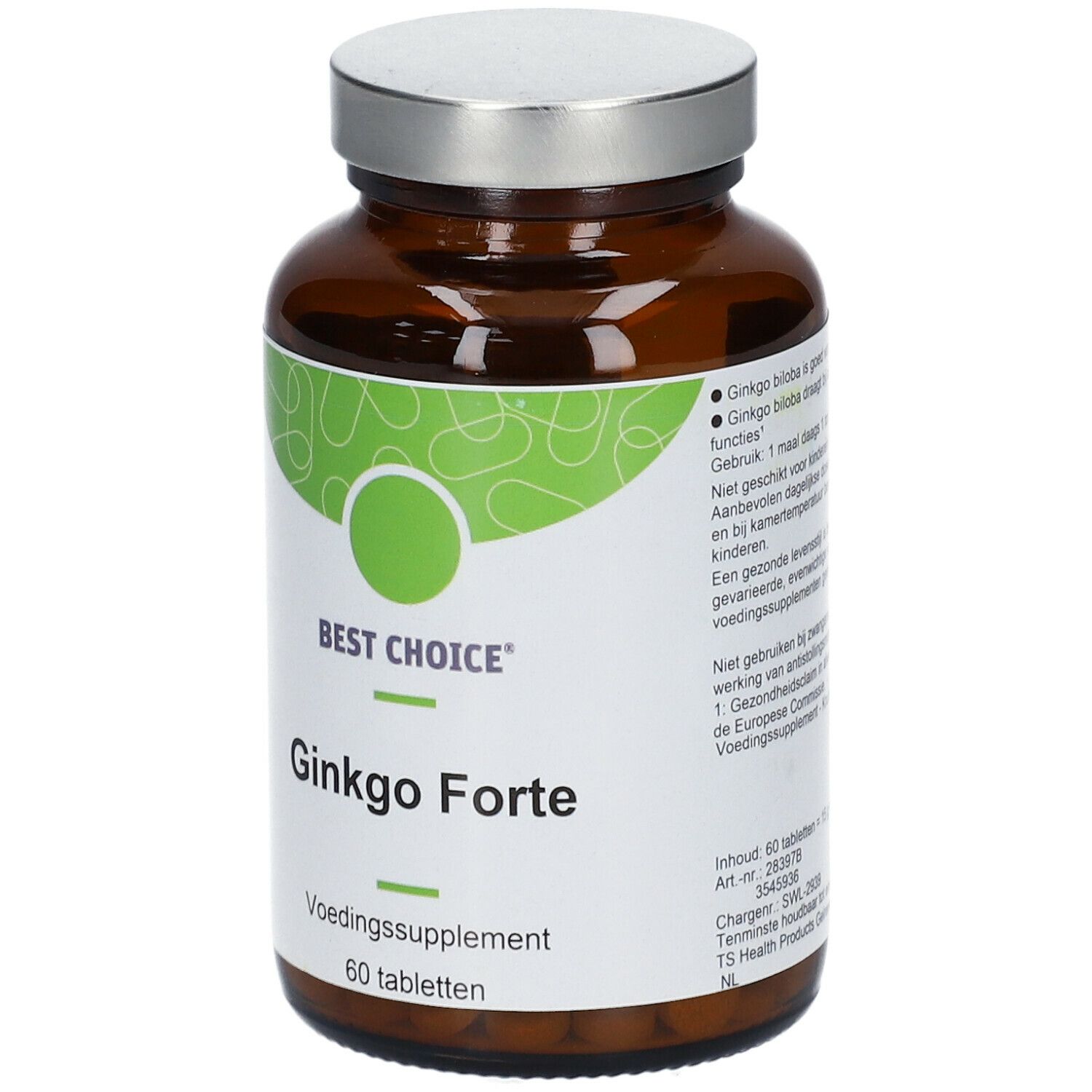 Flacon en verre brun avec couvercle argenté. Étiquette "Best Choice Ginko Forte" et "60 comprimés".