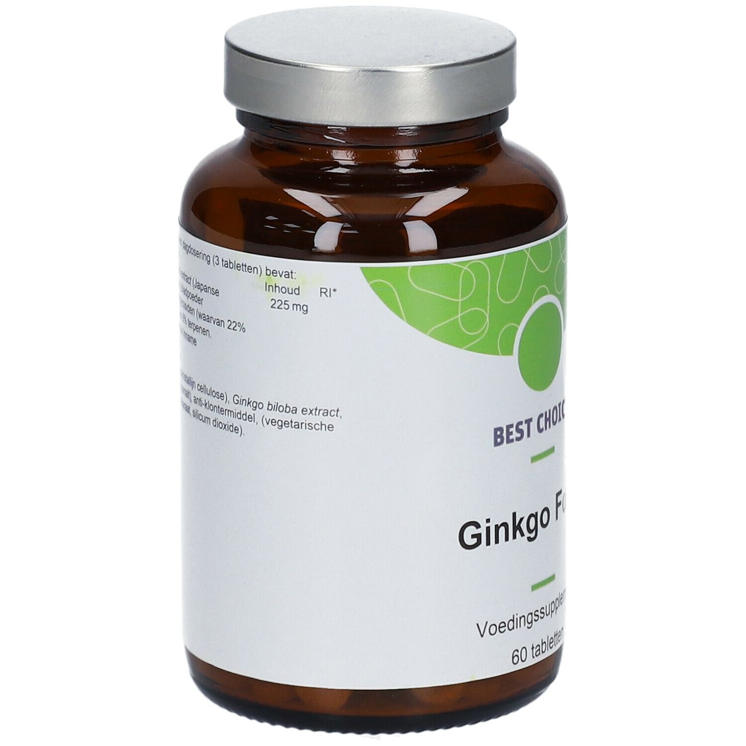 Flacon en verre brun avec couvercle argenté. Étiquette avec ingrédients: Ginkgo biloba, feuille de thé japonais.