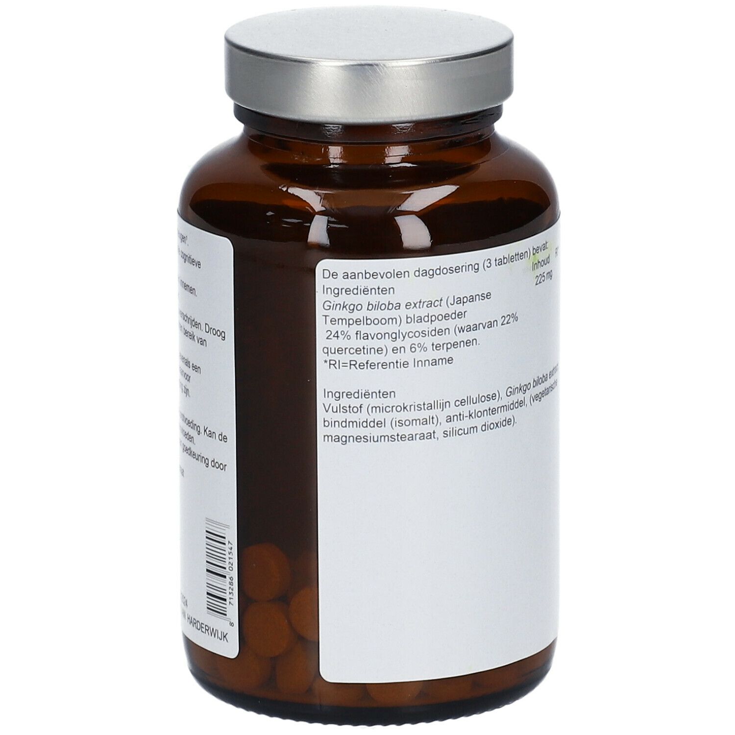 Flacon en verre brun avec couvercle argenté. Dos de l'étiquette avec ingrédients et dosage.