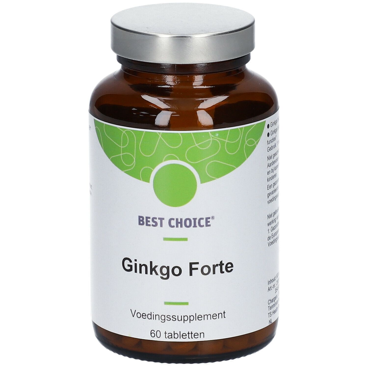 Flacon en verre brun avec couvercle argenté. Étiquette "Best Choice Ginko Forte" et "60 comprimés".