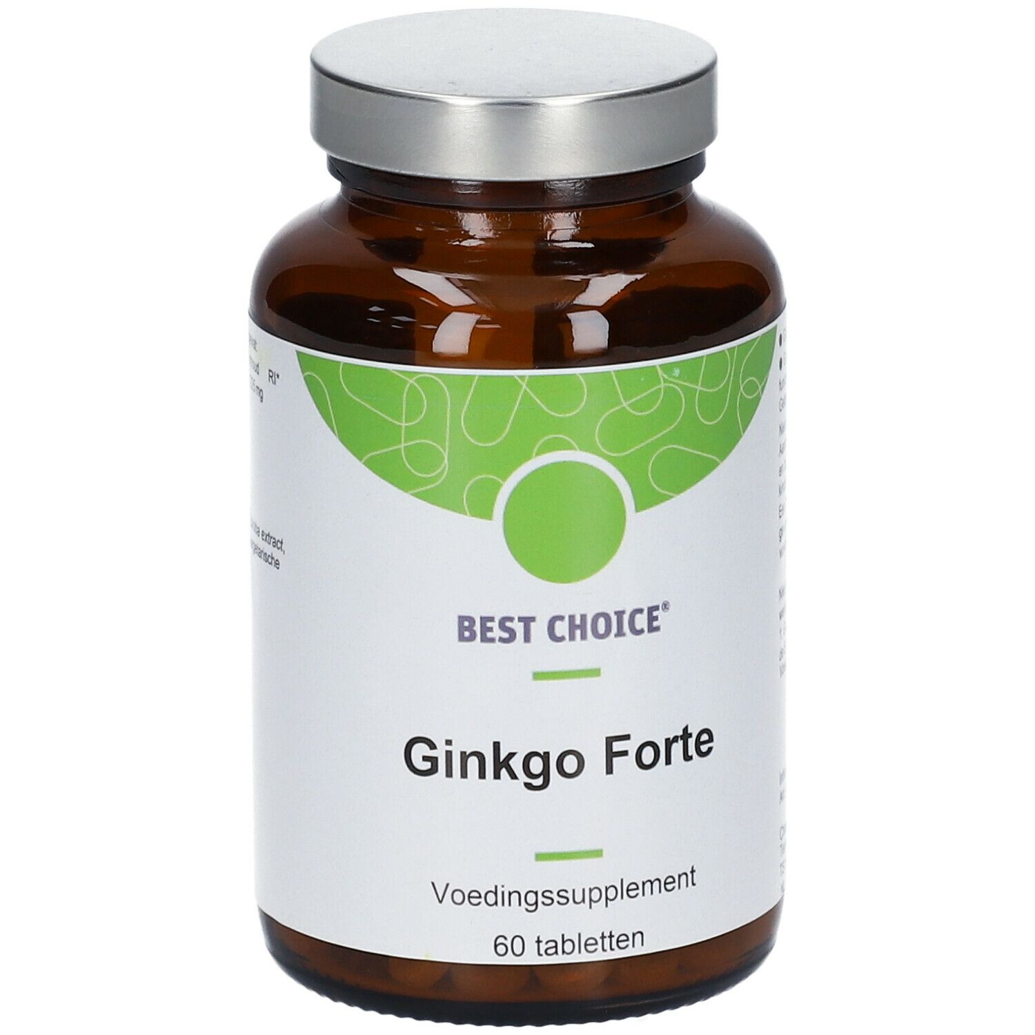 Flacon en verre brun avec couvercle argenté. Étiquette "Best Choice Ginko Forte" et "60 comprimés".
