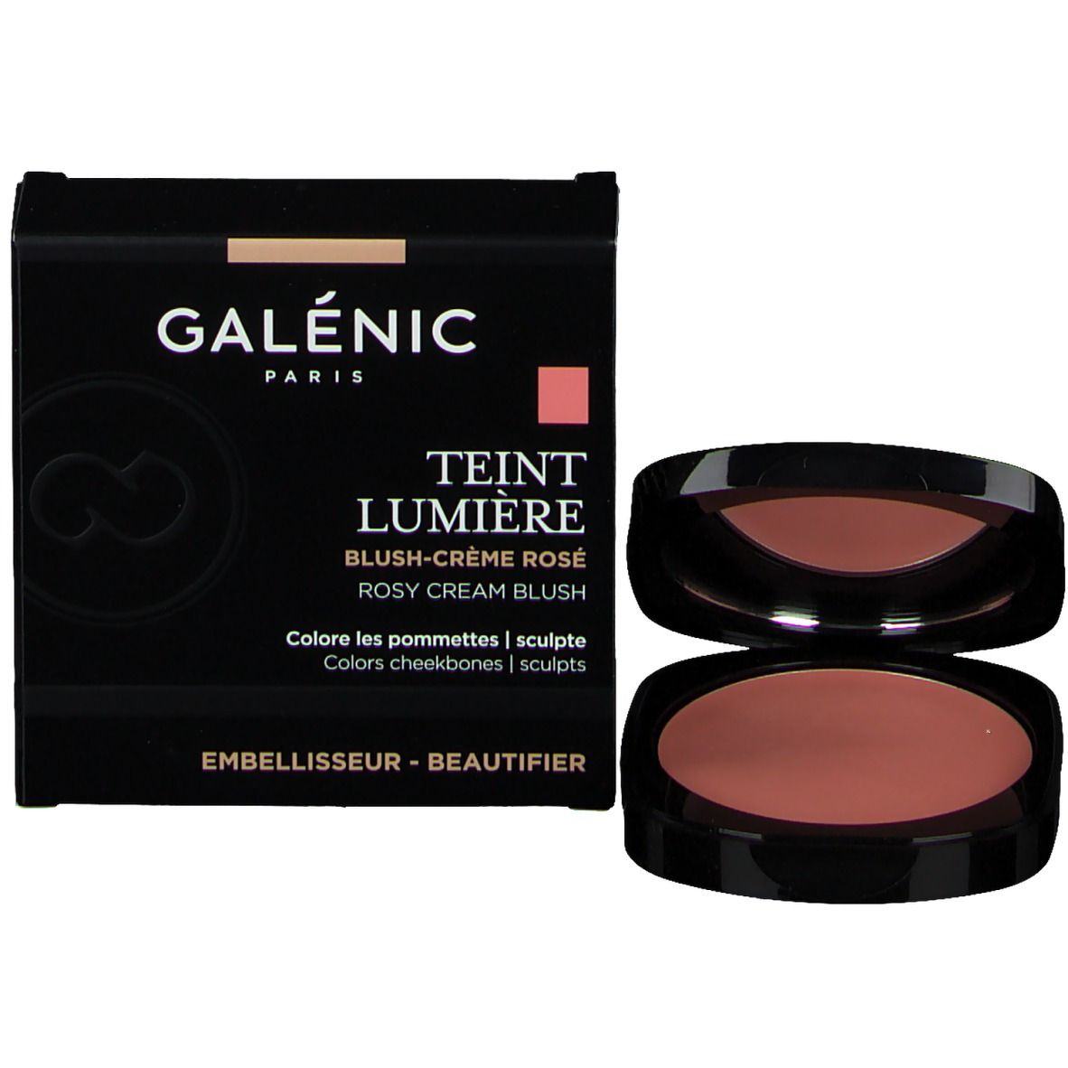 Produktverpackung mit Blush-Pink-Creme und geöffnetem Behälter. Text: GALÉNIC, TEINT LUMIÈRE, BLUSH-CRÈME ROSÉ.