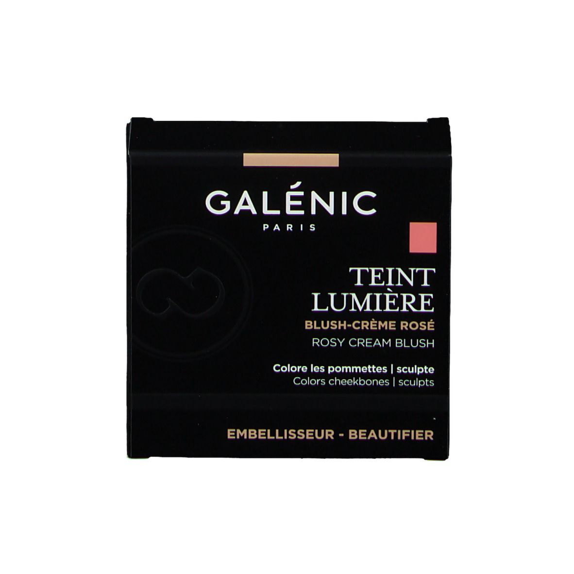 Produktverpackung mit Text: GALÉNIC, TEINT LUMIÈRE, BLUSH-CRÈME ROSÉ. Rosa Farbmarkierung.