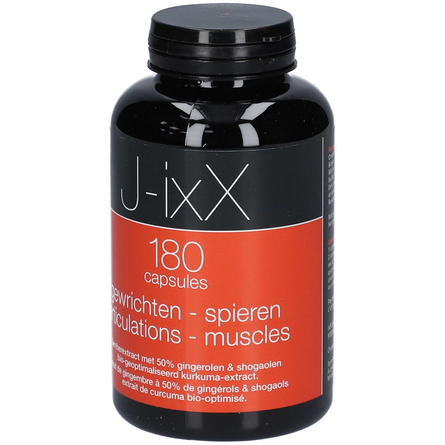 Zwarte fles met rood etiket. Opschrift: J-ixX, 180 capsules. Tekst: gewrichten, spieren. Bevat gember- en kurkuma-extract.