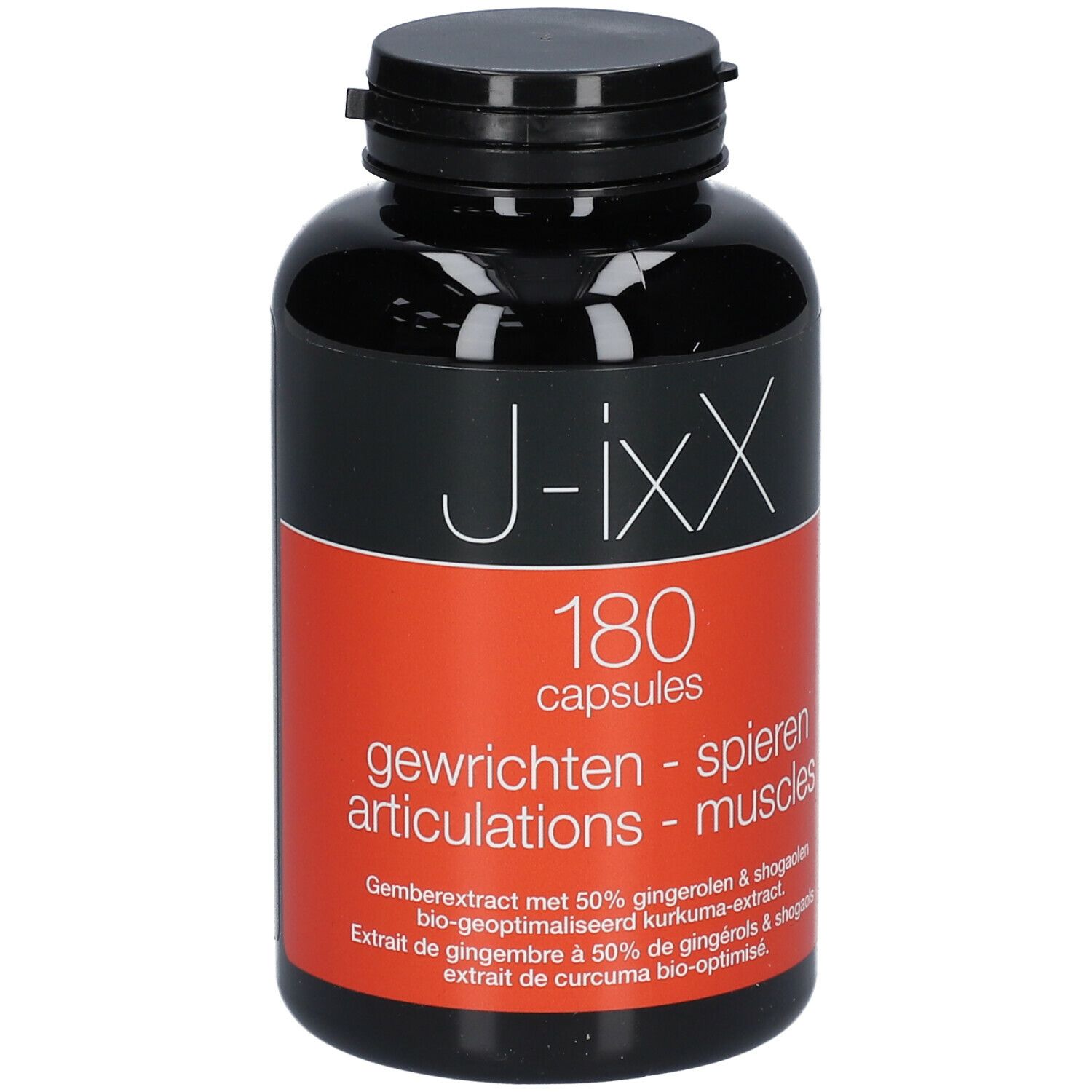 Zwarte fles met rood etiket. Opschrift: J-ixX, 180 capsules. Tekst: gewrichten, spieren. Bevat gember- en kurkuma-extract.