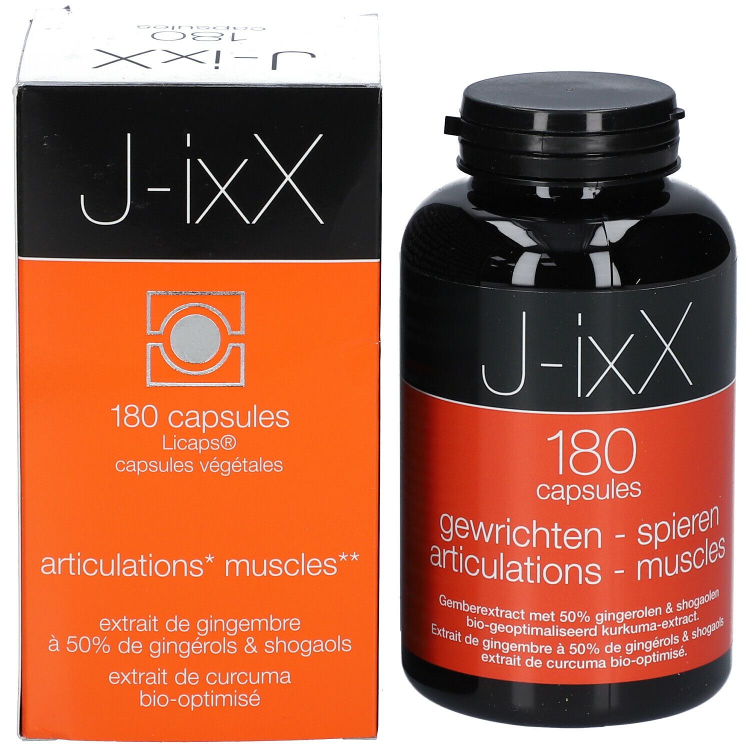 Productverpakking en fles. Opschrift: J-ixX, 180 capsules. Tekst: gewrichten, spieren. Bevat gember- en kurkuma-extract. Capsules.