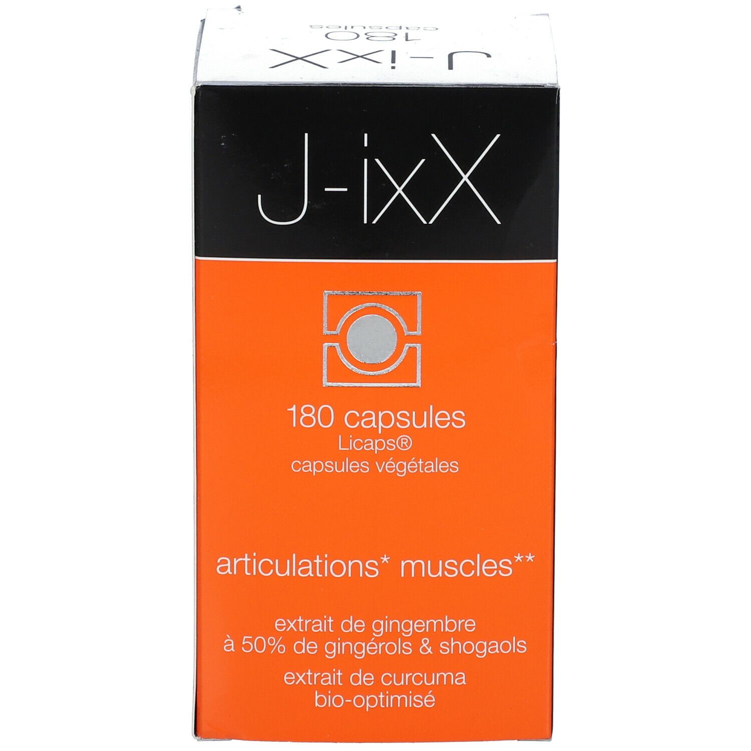 Productverpakking. Opschrift: J-ixX, 180 capsules. Tekst: gewrichten, spieren. Bevat gember- en kurkuma-extract. Capsules.