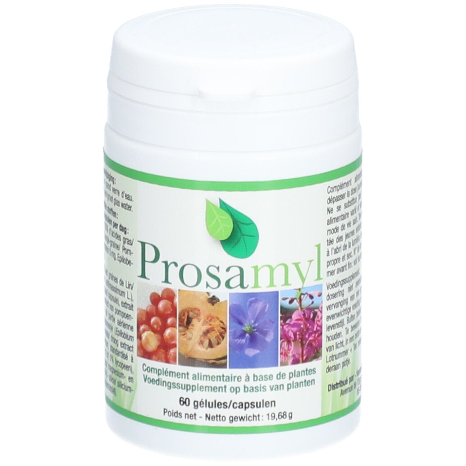 Witte pot met groen etiket. Opschrift: Prosamyl. Afbeeldingen van fruit en bloemen. 60 capsules. Nettogewicht: 19,68g.