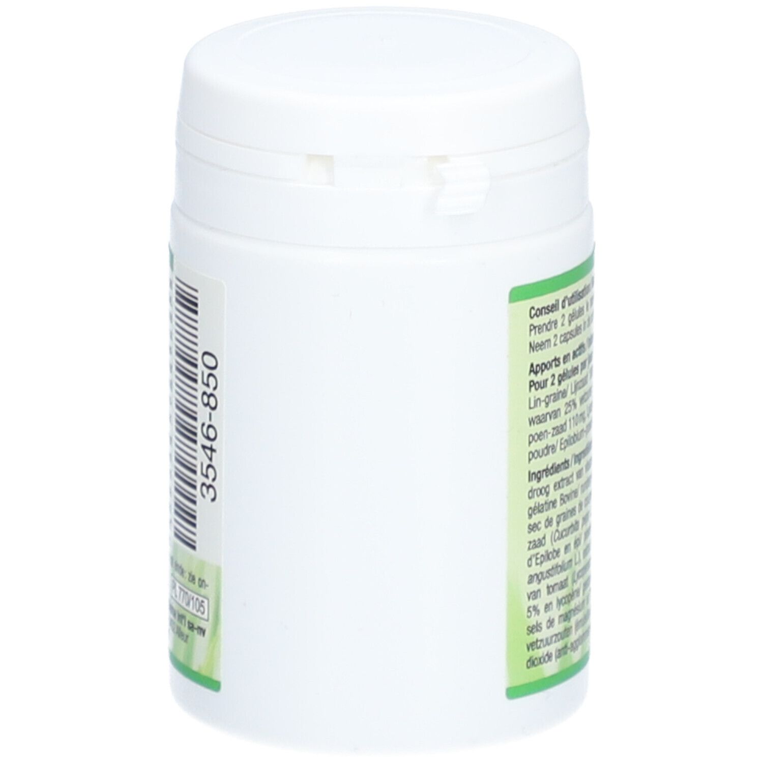 Witte pot met groen etiket. Streepjescode en tekst op de zijkant. Deksel gesloten. Achteraanzicht.