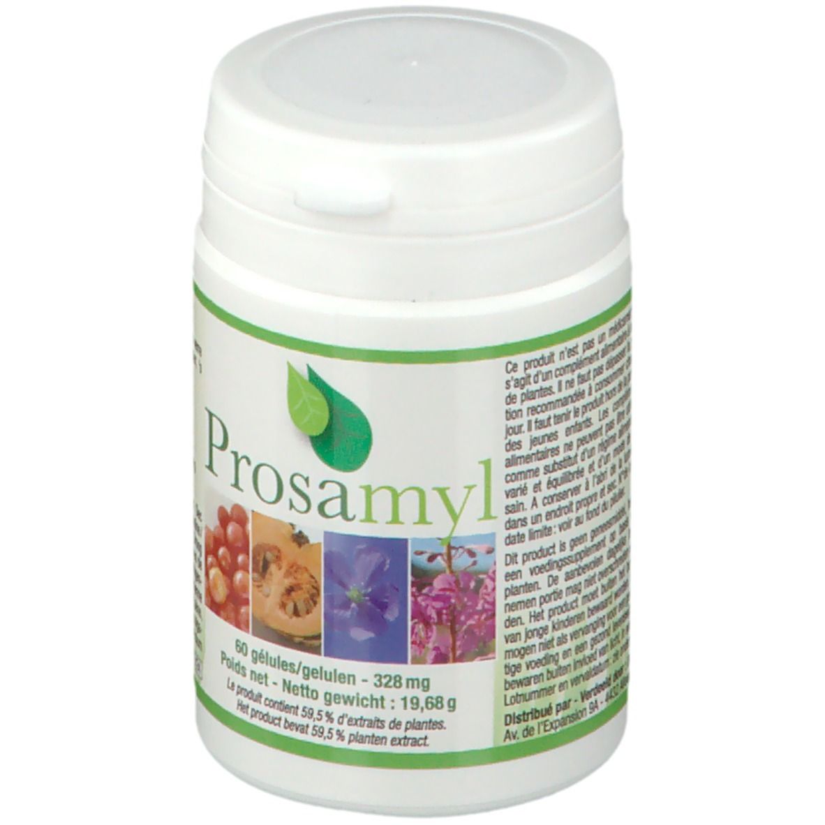 Witte pot met groen etiket. Opschrift: Prosamyl. Afbeeldingen van fruit en bloemen. 60 capsules. Nettogewicht: 19,68g.
