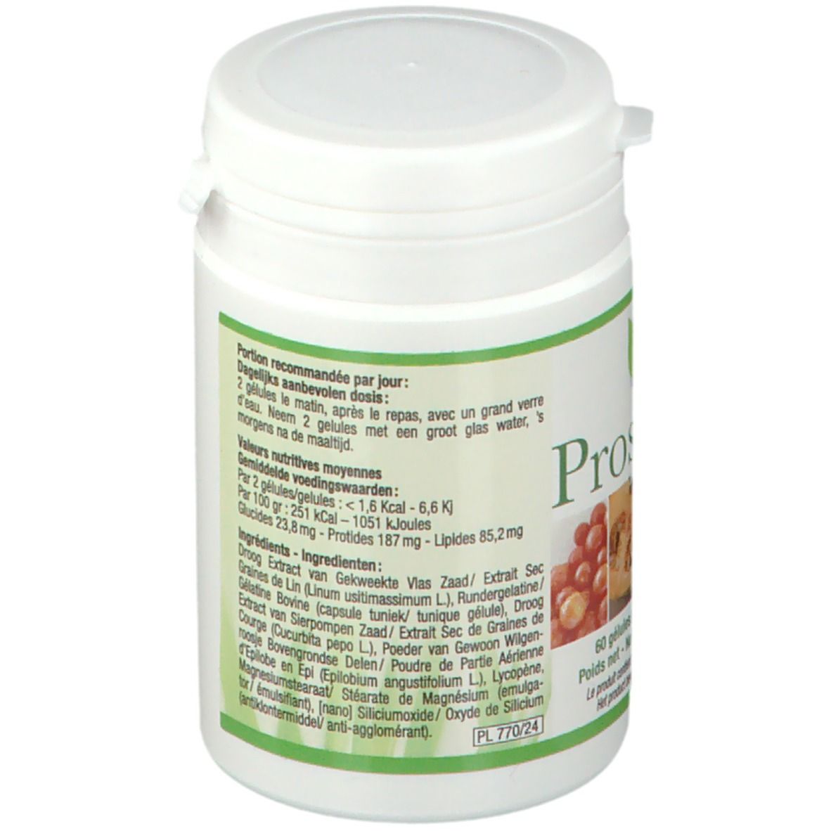 Achterkant van een witte pot. Tekst in het Duits, Frans en Nederlands. Ingrediëntenlijst en voedingswaarde. 60 capsules.