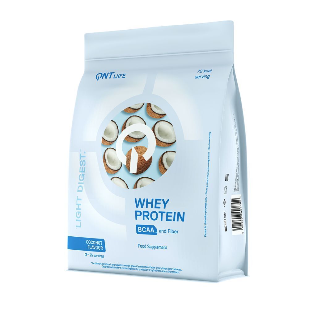Whey Protein Beutel. Kokosnuss-Aroma. Marke QNT Life. Aufschrift: Whey Protein, BCAA und Fiber. Food Supplement.