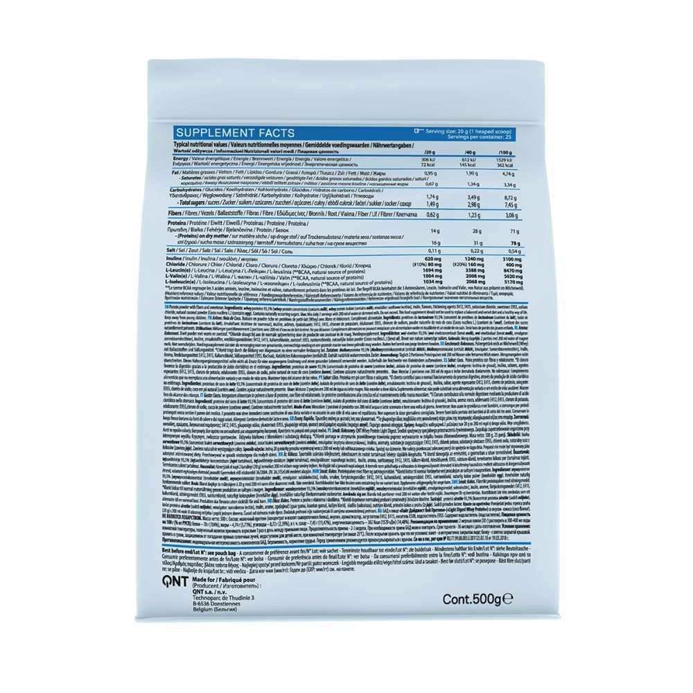 Rückseite eines Whey Protein Beutels. Enthält Nährwertangaben und Zutaten. Marke QNT. Gewicht: 500g.