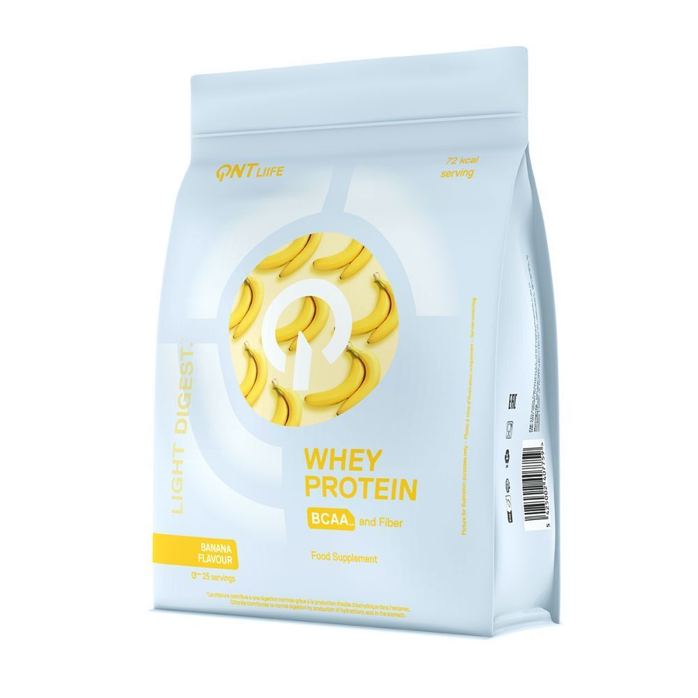 Zak QNT Light Digest Whey Protein. Opschrift: Whey Protein, BCAA en Fiber. Bananensmaak.