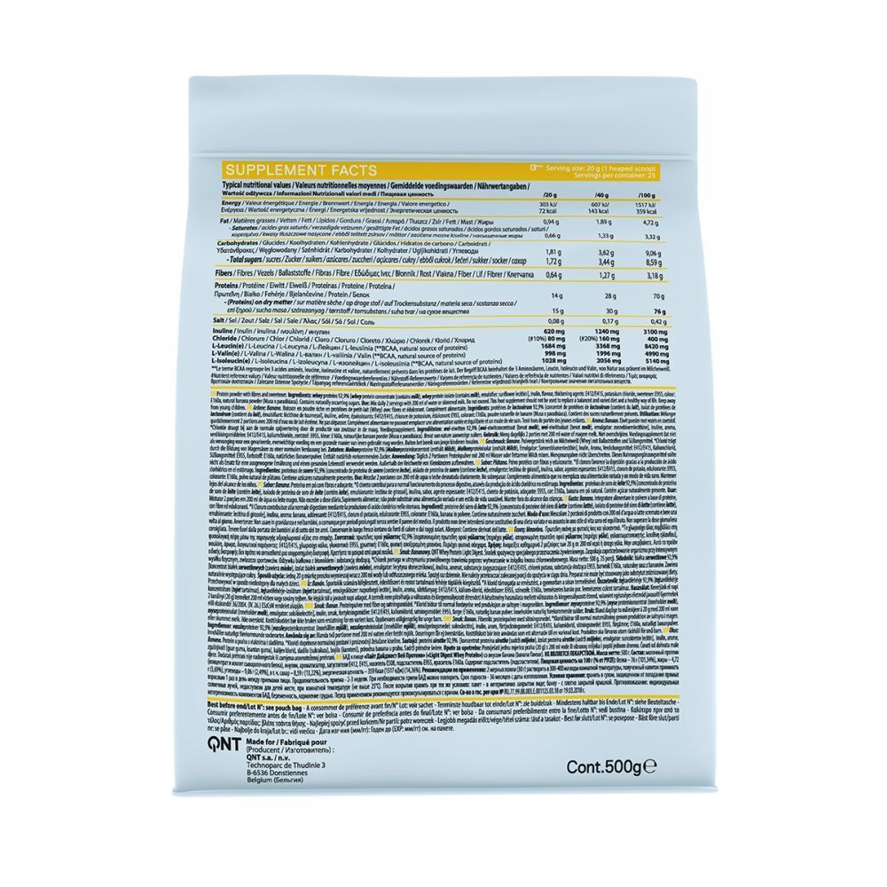 Achterkant van de QNT Light Digest Whey Protein zak. Voedingswaarde en tekst. Inhoud: 500g.