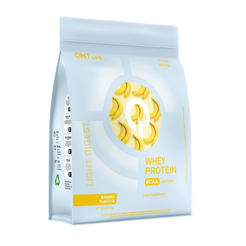 Zak QNT Light Digest Whey Protein. Opschrift: Whey Protein, BCAA en Fiber. Bananensmaak.