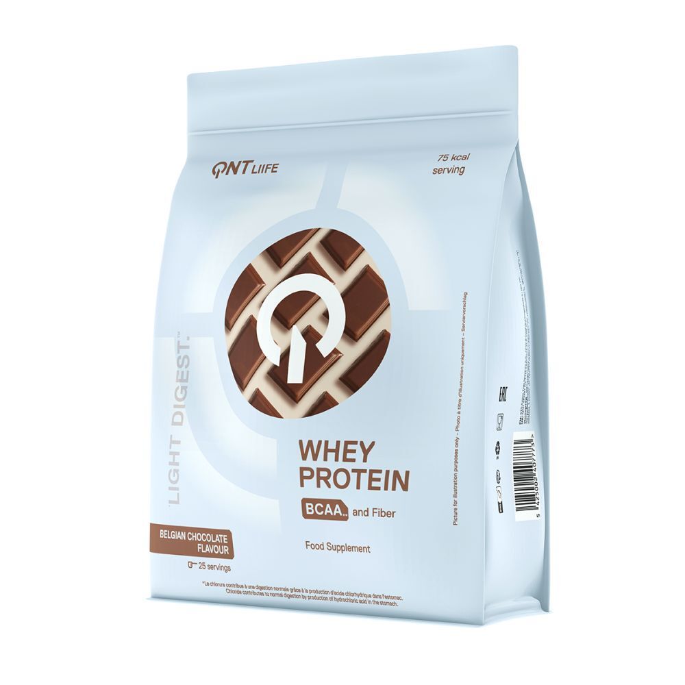 Beutel mit Whey Protein. Aufschrift: QNT LIFE, Light Digest, Whey Protein, BCAA and Fiber, Belgian Chocolate Flavour. 25 Portionen.