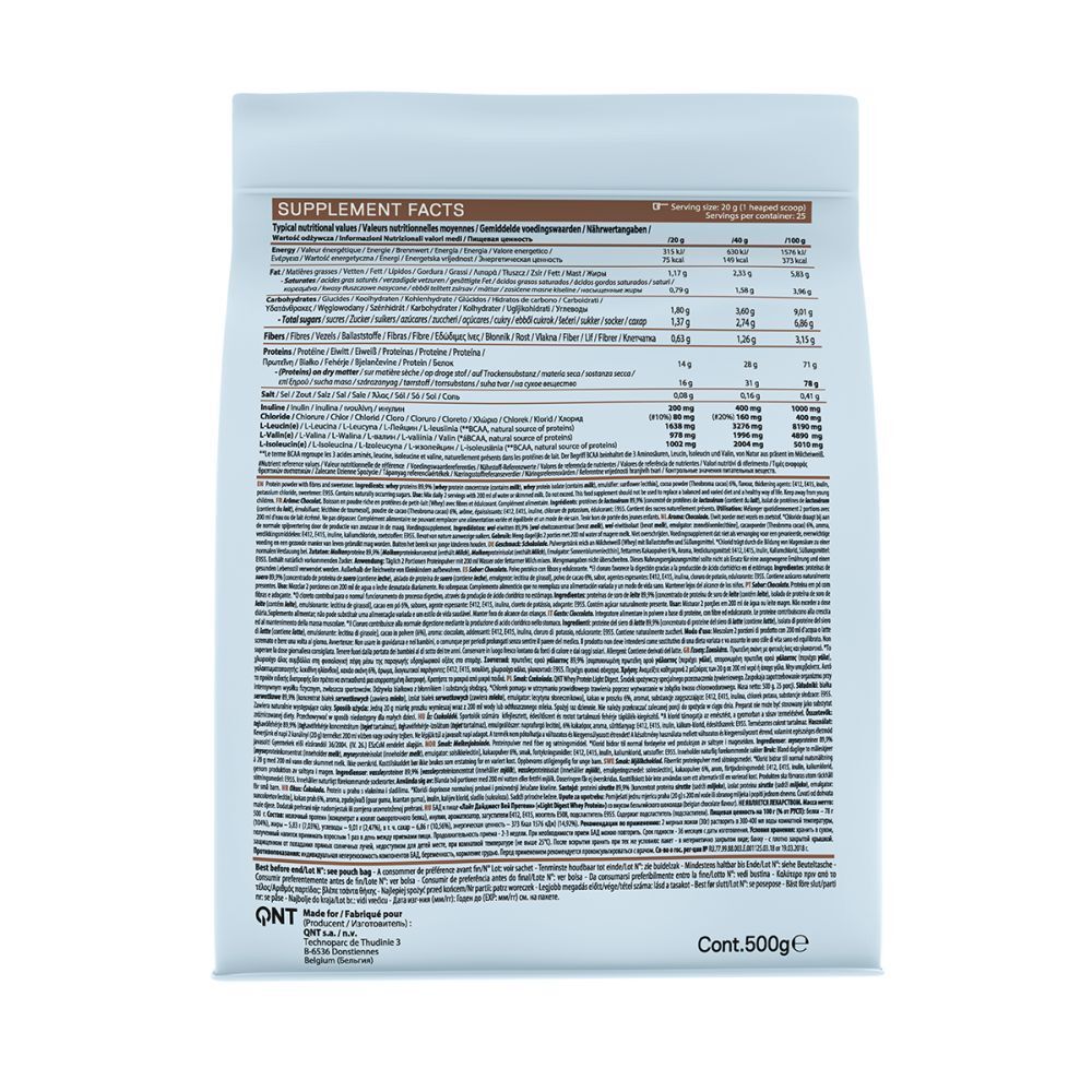 Rückseite des Whey Protein Beutels. Aufschrift: Supplement Facts, QNT. Enthält Nährwertangaben und Inhaltsstoffe.