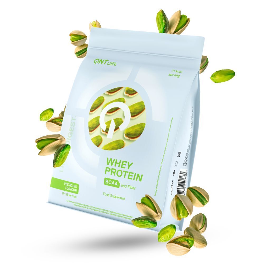 Beutel mit QNT Light Digest Whey Protein Pistazien-Geschmack. Aufschrift: Whey Protein, BCAA und Ballaststoffe. Pistazien-Abbildung.