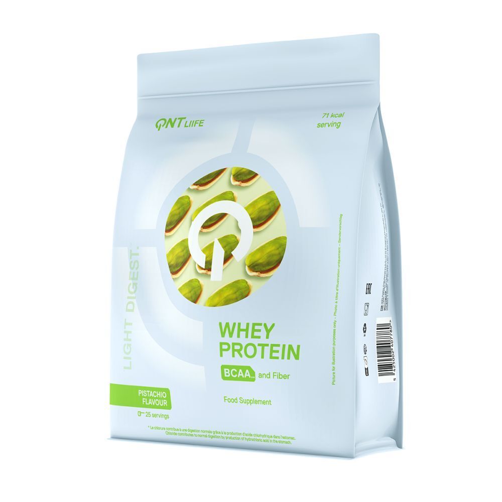 Weißer Beutel mit QNT Light Digest Whey Protein. Aufschrift: Whey Protein, BCAA und Ballaststoffe. Pistazien-Geschmack. 25 Portionen.