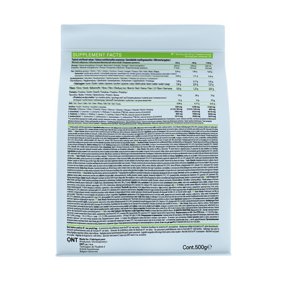 Rückseite eines QNT Light Digest Whey Protein Beutels. Nährwertangaben und Zutatenliste. Text in mehreren Sprachen.