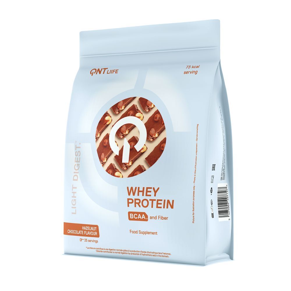 Sachet de Whey Protein. Goût chocolat-noisette. BCAA et fibres. Logo QNT Life. 73 kcal par portion.