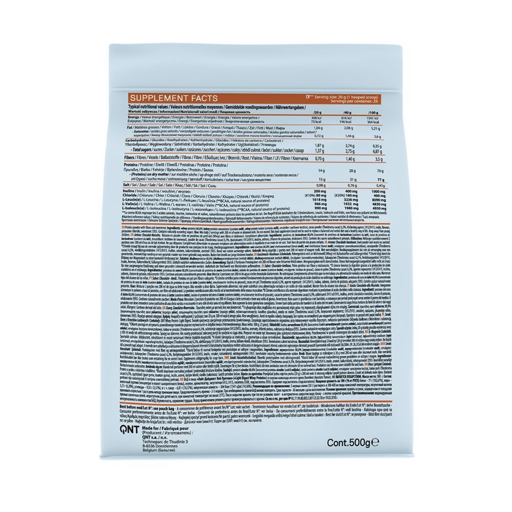 Dos du sachet de Whey Protein. Informations nutritionnelles. Logo QNT. 500g. Ingrédients et valeurs nutritionnelles.