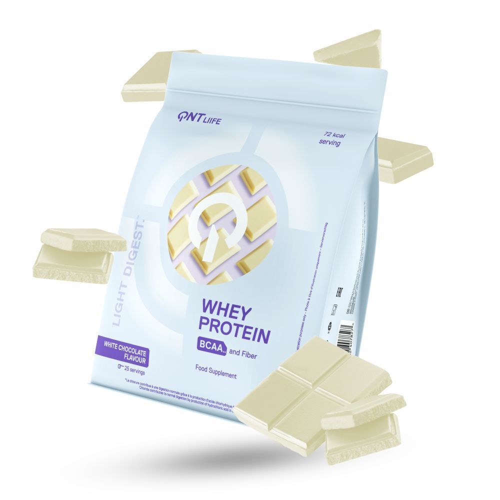 Sachet de Whey Protein, chocolat blanc. Marque QNT Life. BCAA et fibres. Morceaux de chocolat blanc.