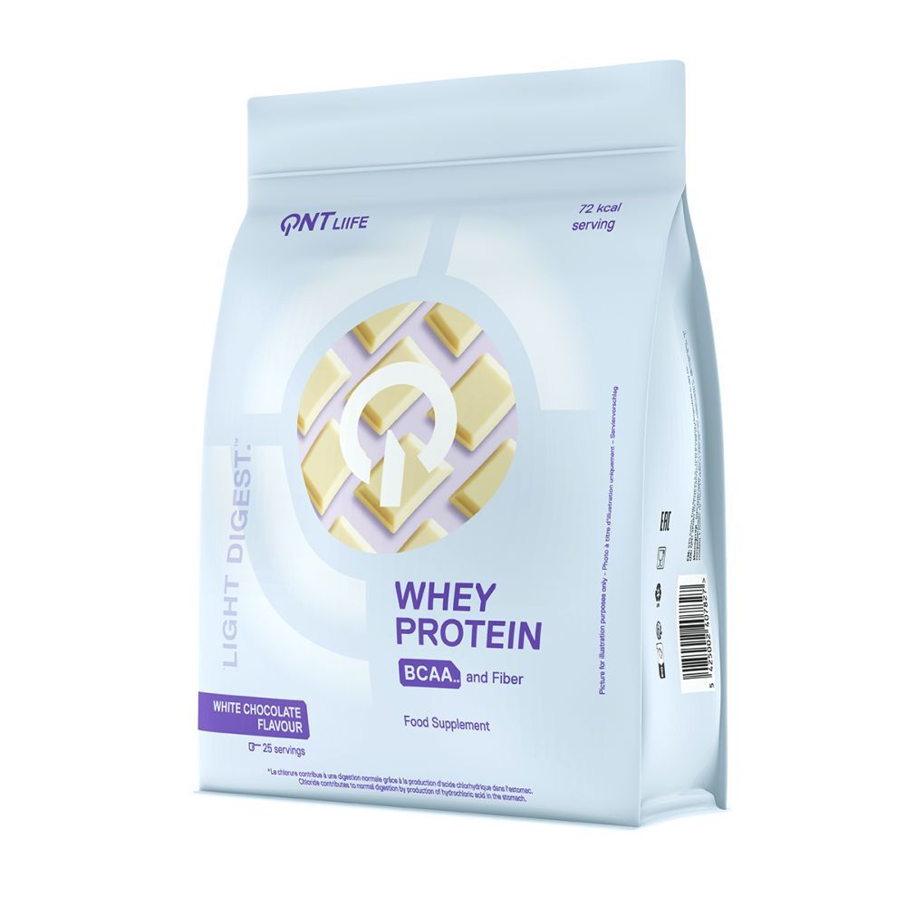 Sachet de Whey Protein, blanc. Marque QNT Life. BCAA et fibres. 25 portions. Dos avec informations nutritionnelles.