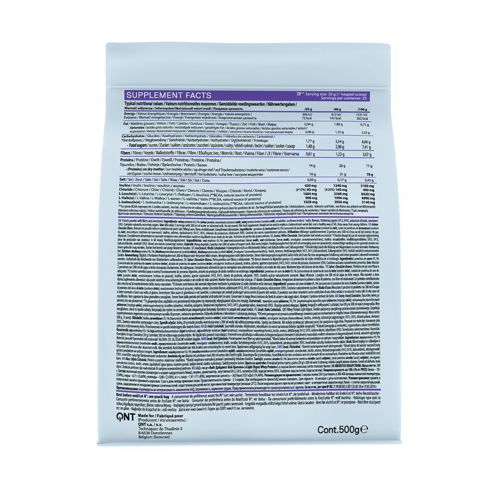Dos du sachet de Whey Protein. Informations nutritionnelles, liste des ingrédients. Marque QNT. Contenu 500g.