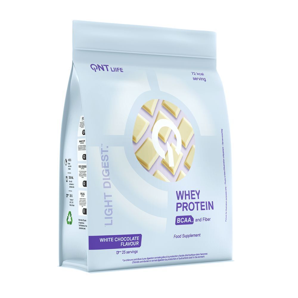 Sachet de Whey Protein, blanc. Marque QNT Life. BCAA et fibres. 25 portions. Chocolat blanc.