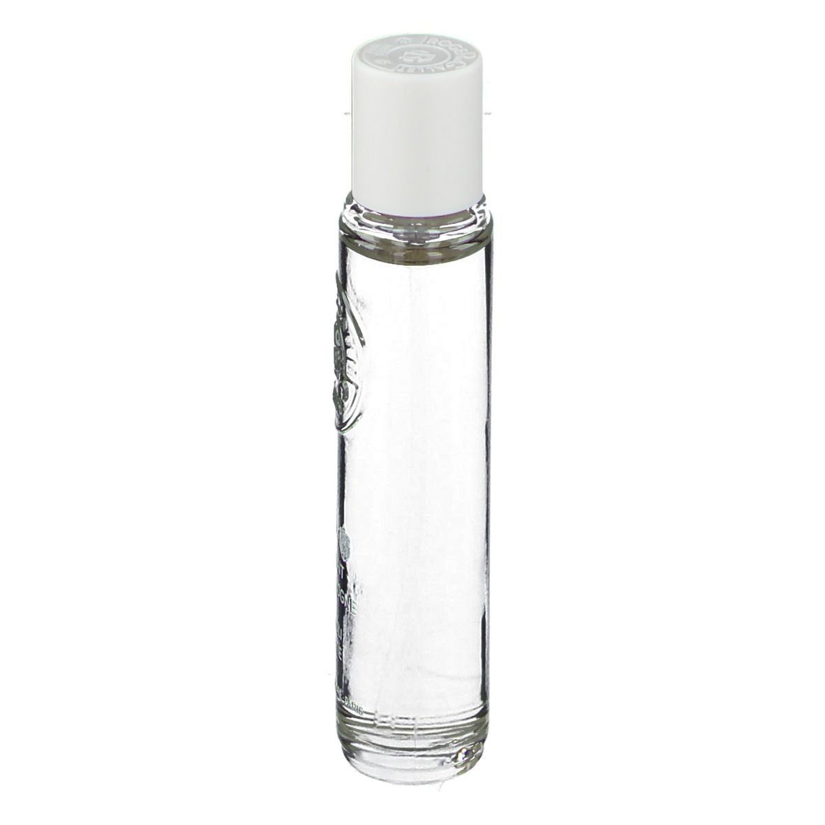 Flacon fin et transparent avec bouchon blanc. Logo et texte sur le flacon.