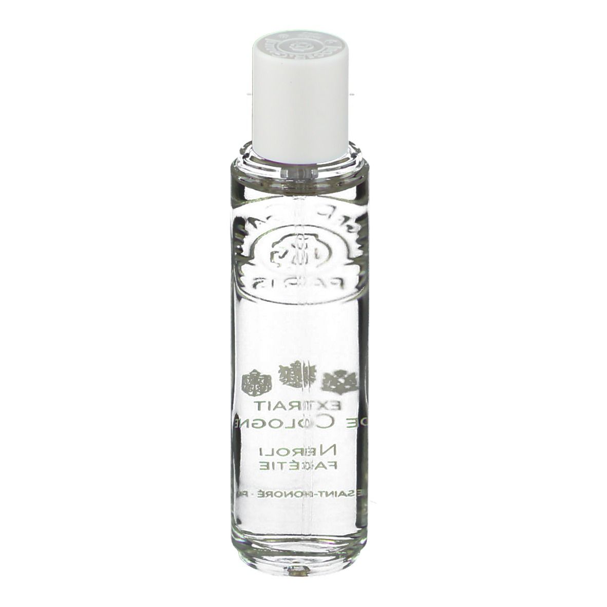 Flacon transparent avec bouchon blanc. Inscription: Extrait de Cologne, Néroli Facétie. Logo et texte.