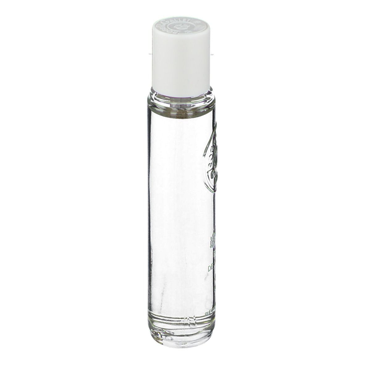 Flacon transparent avec bouchon blanc. Logo et texte sur le flacon.