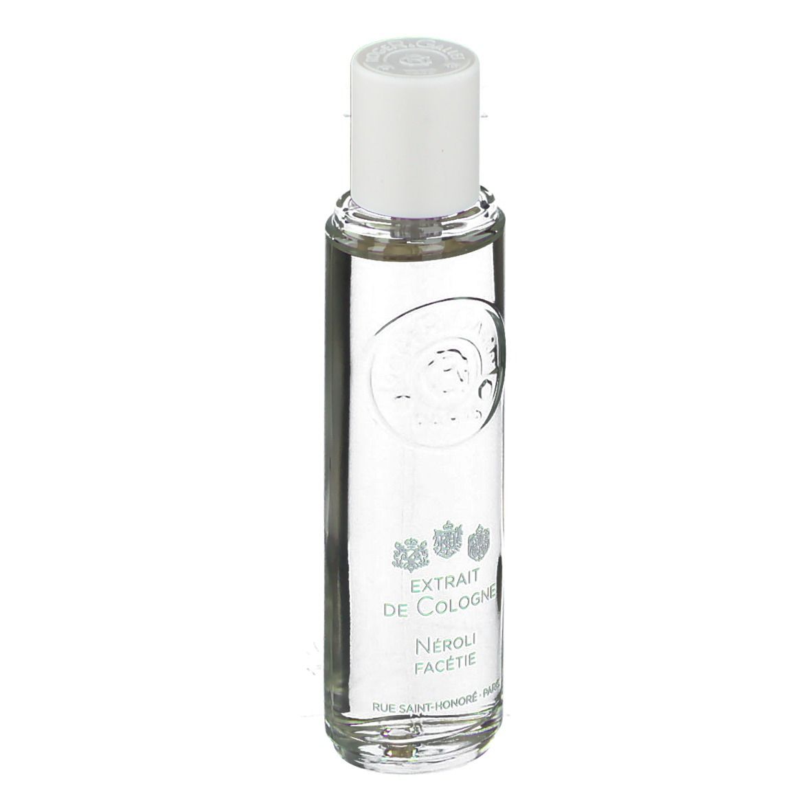 Flacon transparent avec bouchon blanc. Inscription: Extrait de Cologne, Néroli Facétie. Logo et texte.