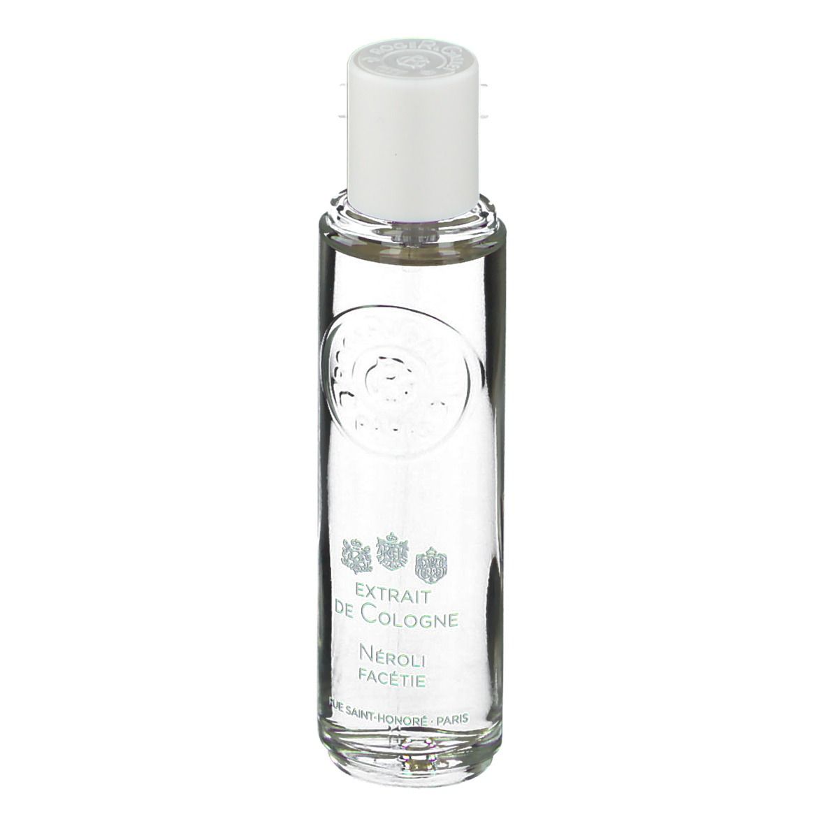 Flacon transparent avec bouchon blanc. Inscription: Extrait de Cologne, Néroli Facétie. Logo et texte.