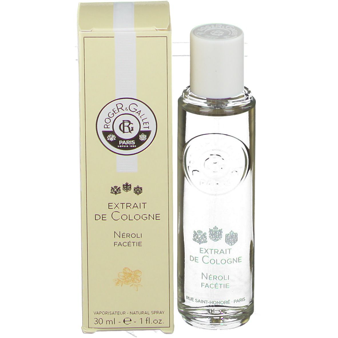Produit avec emballage. Flacon avec bouchon blanc et boîte. Inscription: Extrait de Cologne, Néroli Facétie.