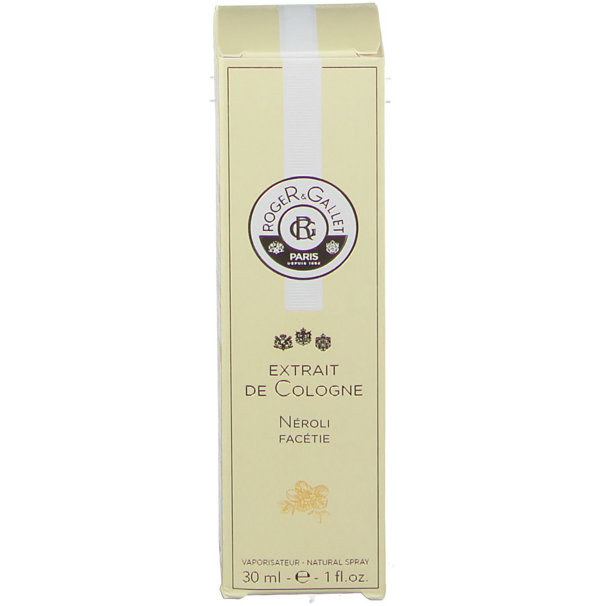 Emballage en carton. Inscription: Extrait de Cologne, Néroli Facétie. Logo et texte. Volume: 30 ml.