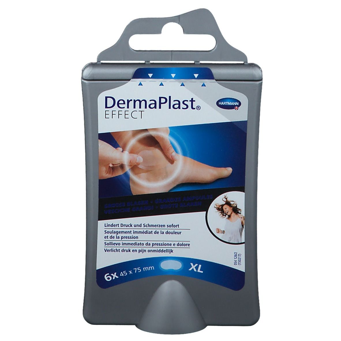 Verpakking met pleisters. Bevat 6 XL pleisters 45 x 75 mm. Merk: DermaPlast® EFFECT. Illustratie van een voet met pleister.