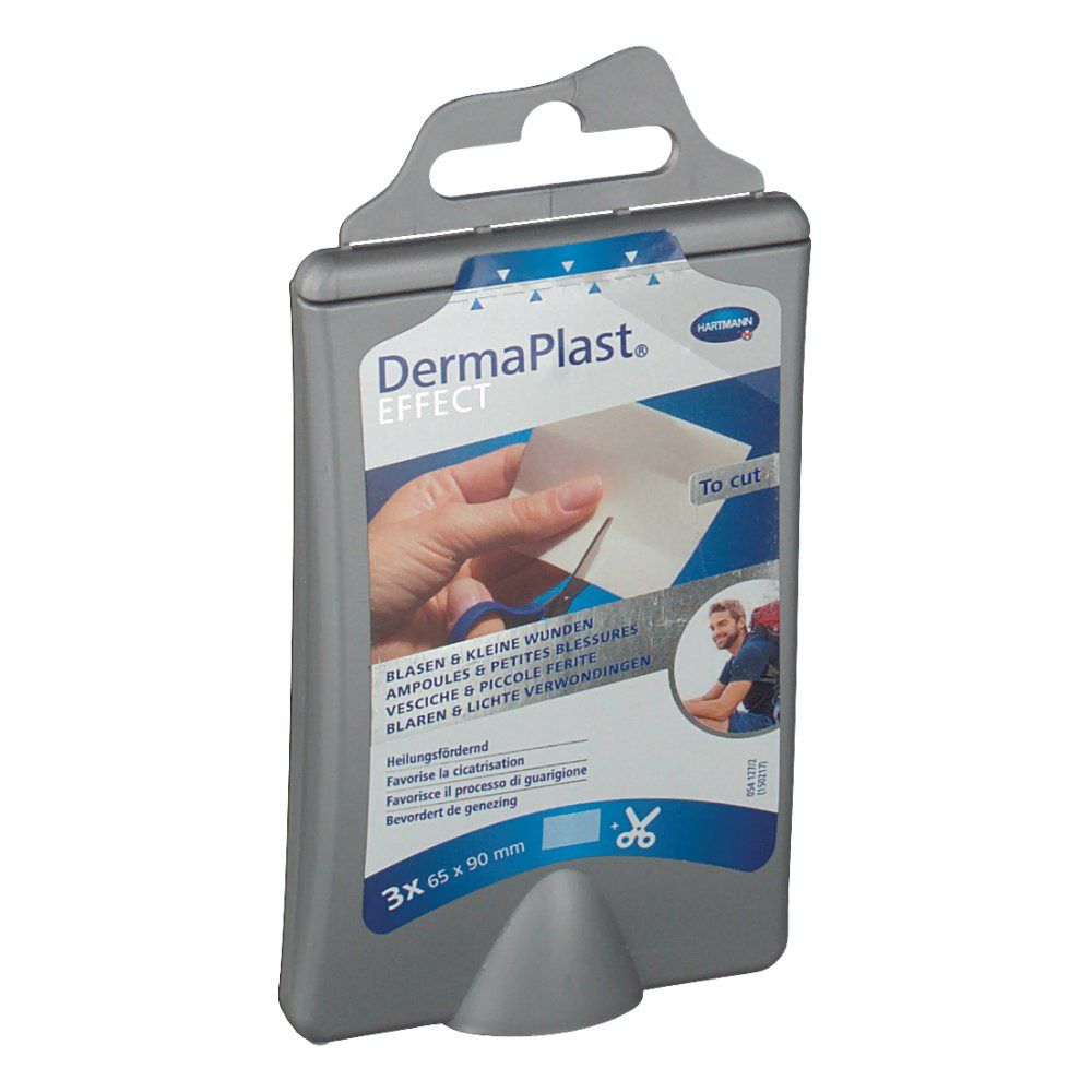 Verpackung mit DermaPlast® EFFECT Blasenpflaster. Graue Verpackung mit Produktabbildung und Text. 3 Pflaster 65 x 90 mm.