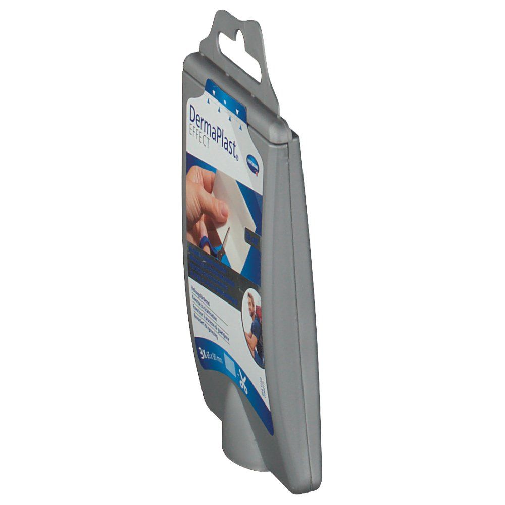 Seitenansicht der grauen Verpackung von DermaPlast® EFFECT Blasenpflaster.  Produktname und Abbildung teilweise sichtbar.