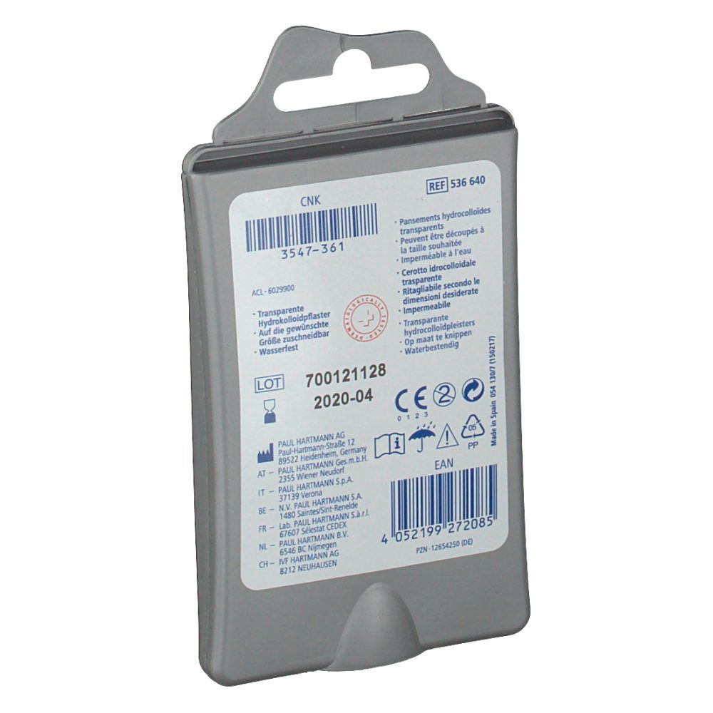 Rückseite der grauen Verpackung von DermaPlast® EFFECT Blasenpflaster.  Text, Chargennummer, CE-Kennzeichnung und Barcode.