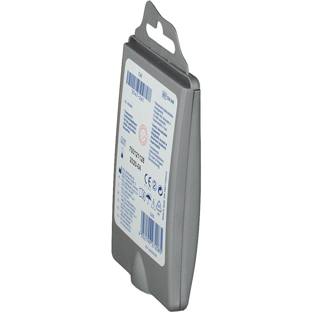 Seitenansicht der Rückseite der grauen Verpackung von DermaPlast® EFFECT Blasenpflaster. Text und Barcode sichtbar.