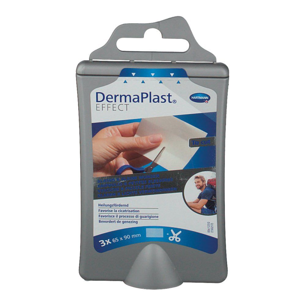 Verpackung mit DermaPlast® EFFECT Blasenpflaster. Graue Verpackung mit Produktabbildung und Text. 3 Pflaster 65 x 90 mm.