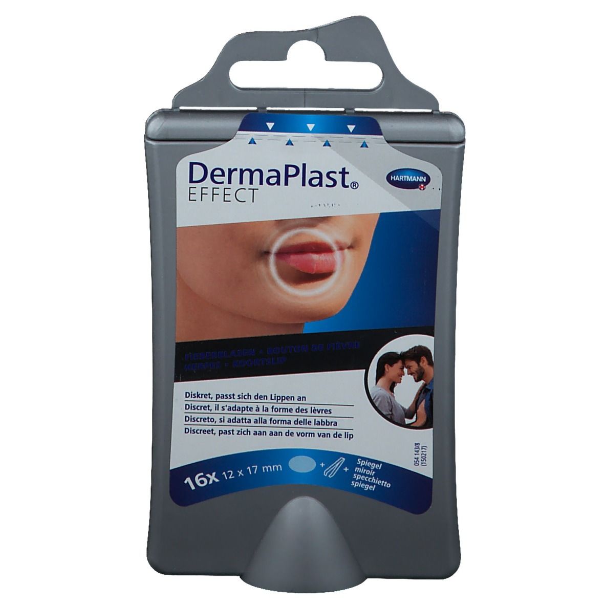 Verpakking met pleisters. Zichtbaar: "DermaPlast Effect", 16 stuks, 12 x 17 mm. Illustratie: lippenpartij.