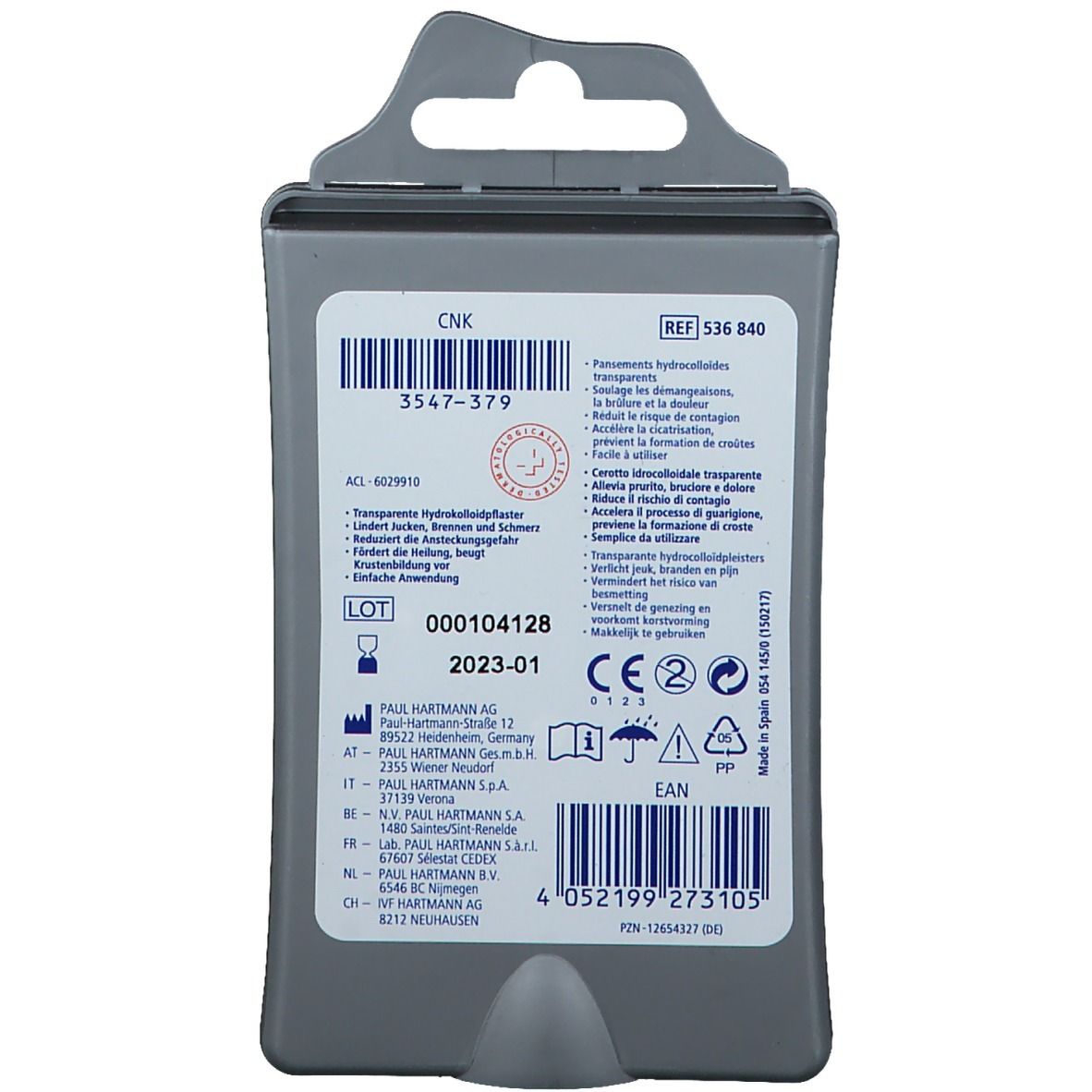 Achterkant van de verpakking. Tekst: transparante hydrocolloïdpleisters, lotnummer, vervaldatum, fabrikantinfo.