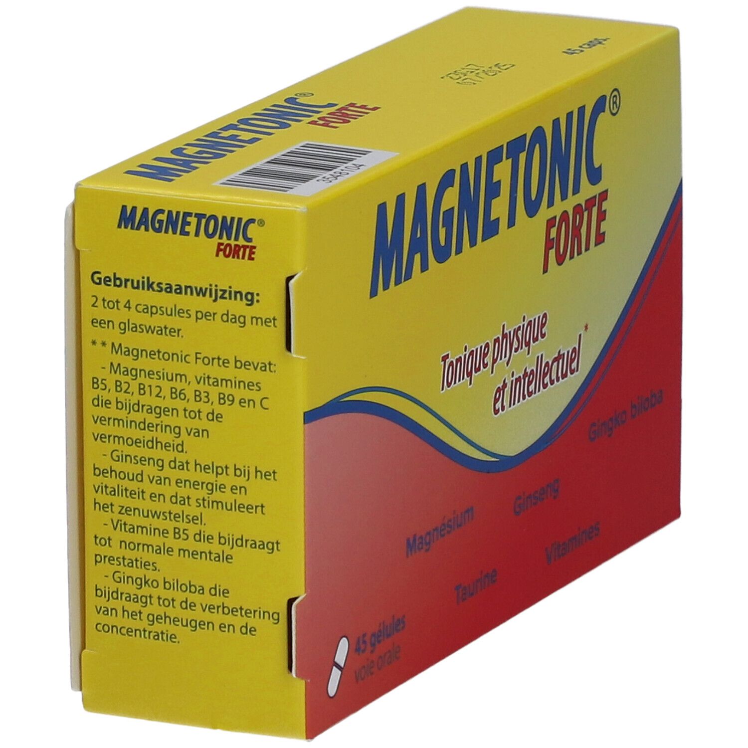 Boîte jaune "Magnetonic Forte". Contient 45 gélules. Inscription : "Tonique physique et intellectuel". Texte sur ingrédients et dosage.