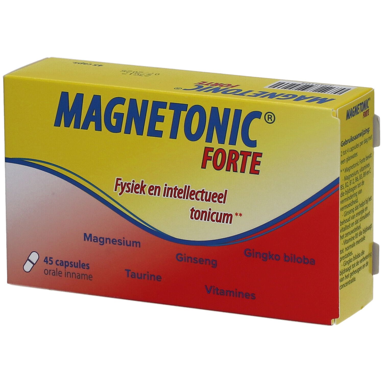 Boîte jaune "Magnetonic Forte". Contient 45 gélules. Inscription : "Fysiek en intellectueel tonicum". Texte sur ingrédients et dosage.